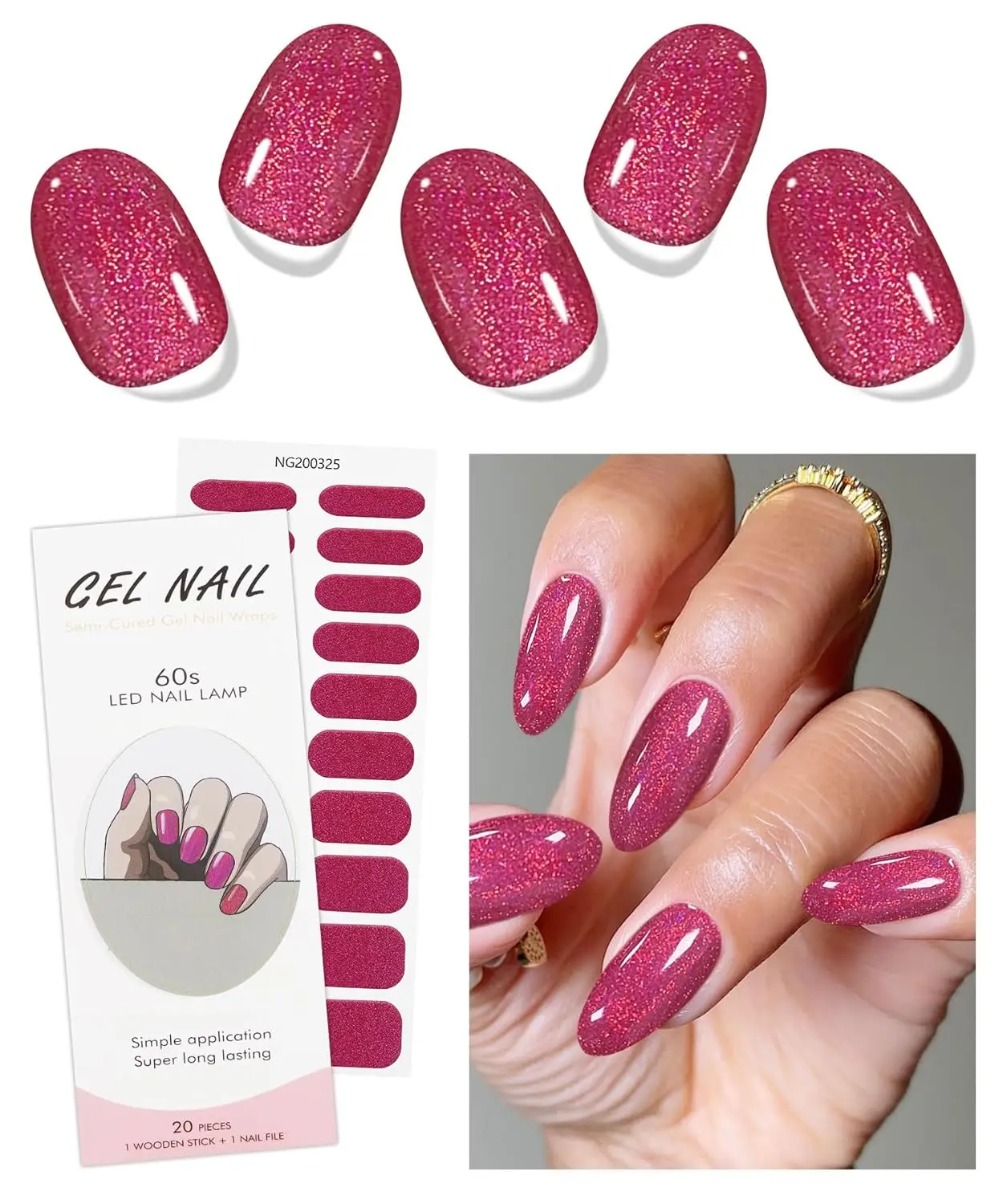 

Gel Nail Stickers Red Glitter Semi Cured Gel Nail Strips Wraps UV/LED Nails Art Design Decoration Accessories