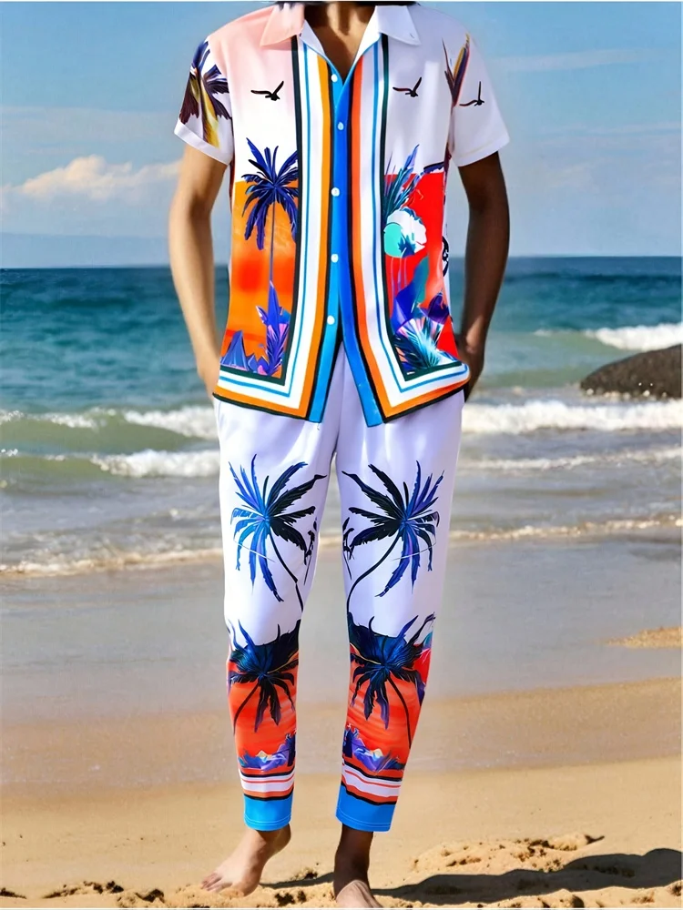 ชุดเสื้อเชิ้ตชายหาดลำลองลายต้นมะพร้าวสีสันสดใสสำหรับผู้ชาย ชุดเสื้อเชิ้ตปกและกางเกงขายาวพิมพ์ลาย 3 มิติ ไซส์ S-2XL