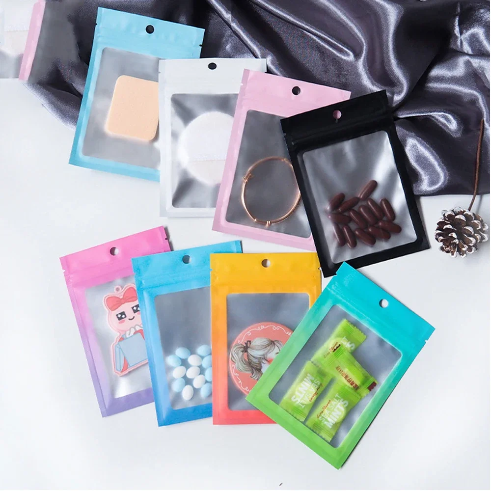 100Pcs Mylar Bag with Clear Window Zip Lock Plastic Bag Resealable Zipper Packing Bags for Jewelry Gift Food Storage