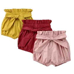 Pantalones cortos de verano para niñas pequeñas, bombachos de algodón 100% con lazo, sólidos, PP