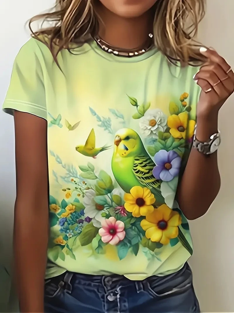

Women's PLUS Size 3D Bird and Flower Print Short Sleeved T-shirt， Loose and Casual,soft,comfortable and Breathable,outdoor Sport