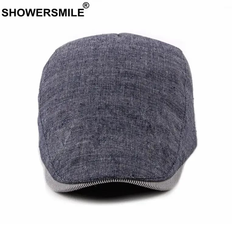 SHOWERSMILE Navy Cotton Linen Flat Cap for Men Summer Beret Man British Style Vintage Casual Baret Adjustable 55-60cm