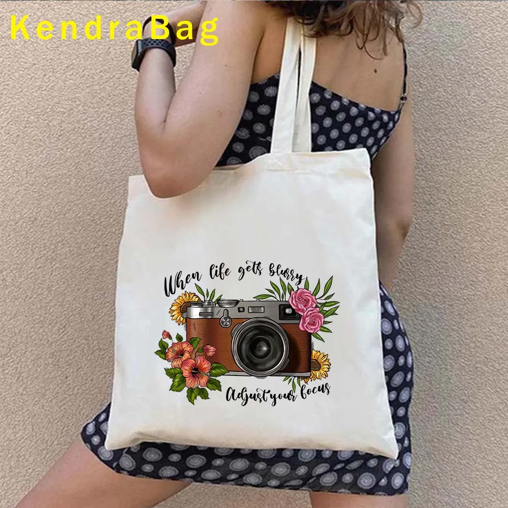 Fashion Floral Camera Girl Butterfly Sunflower Lover Cute Gifts Flowers Canvas Shoulder Tote Bag Harajuku Shopper Cotton Handbag