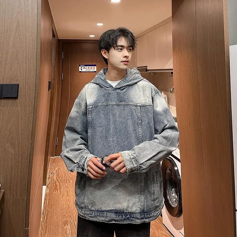 

Джинсовая толстовка с капюшоном Waed ex Spring American Street Sle Loose Retro Cool Jeans Cap irt Stand Fit Long Sve