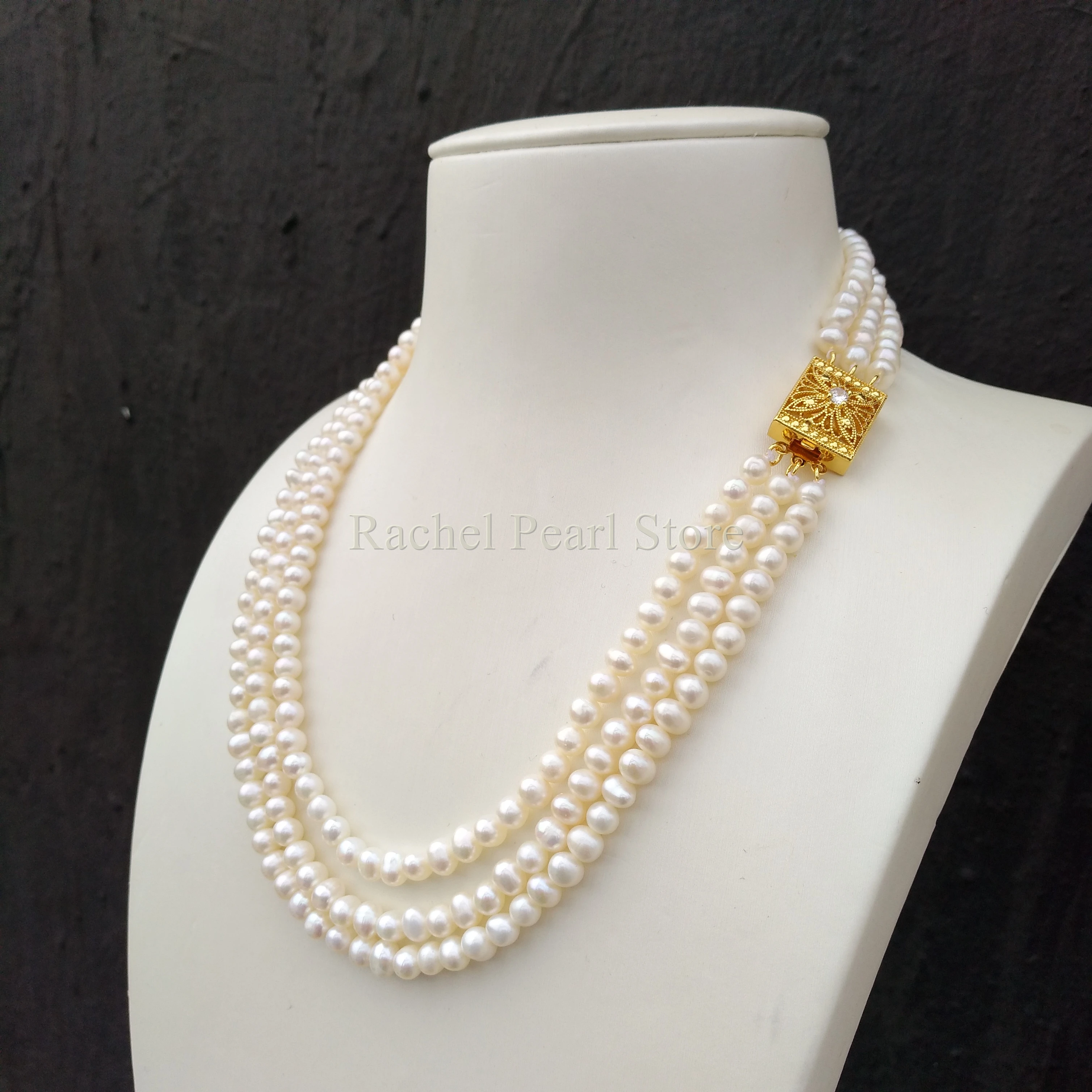 

Princess Triple Strand Tiny Near Round AAA+ 4-5mm White Real Natural Akoya Pearl Necklace Apply Any Occasion