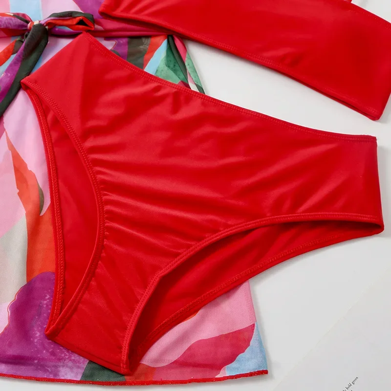 Maillot de bain 3 pièces imprimé rouge pour femmes, Cover-up conservateur, ensemble deux pièces, bretelles, dos nu, vêtements de plage, nouvelle collection été 2025