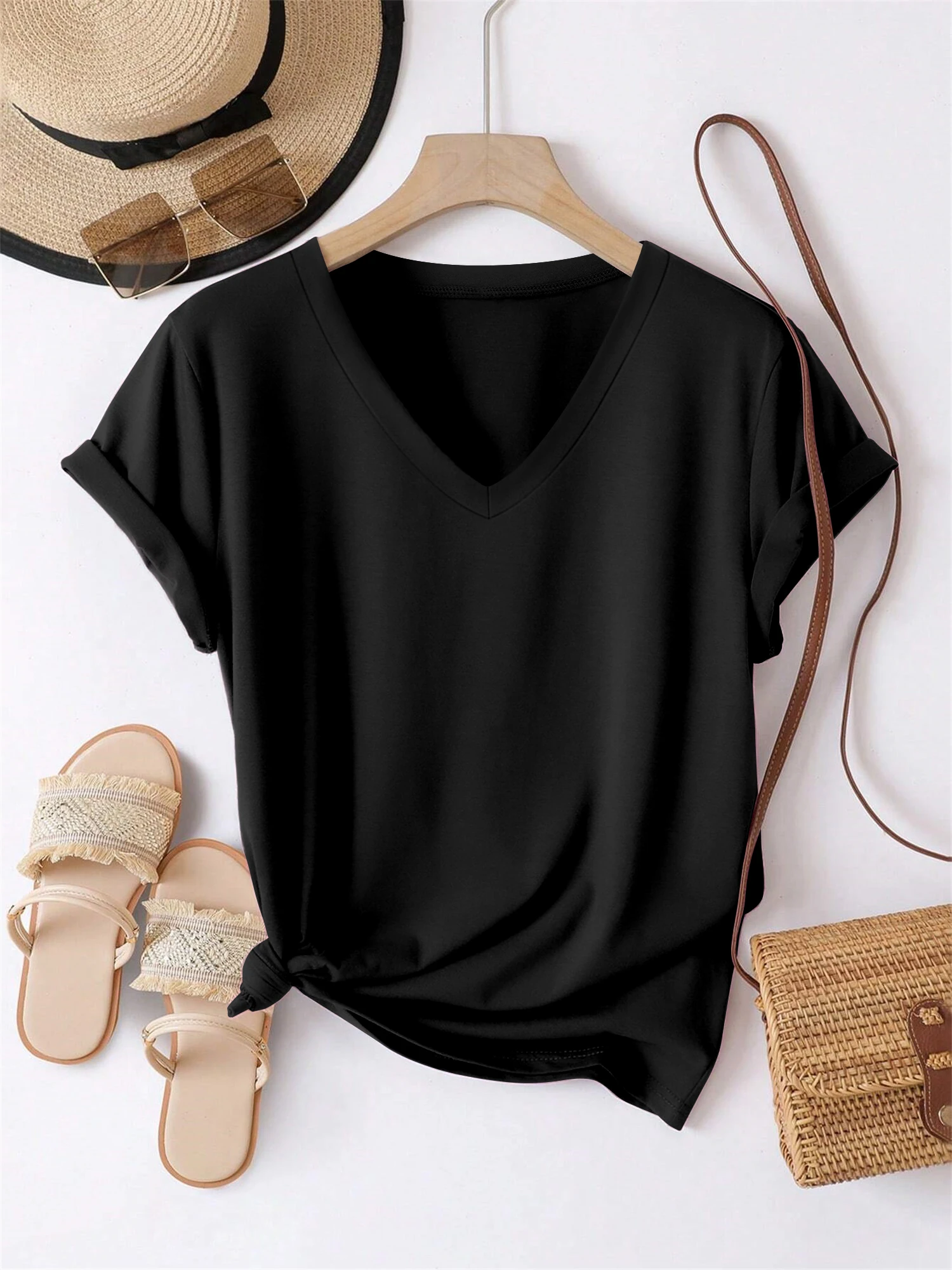 Damen-T-Shirt mit weichem V-Ausschnitt und kurzen Ärmeln, lässiges, bequemes Oberteil aus Stoff für Yoga, Fitness und tägliche Aufgaben.
