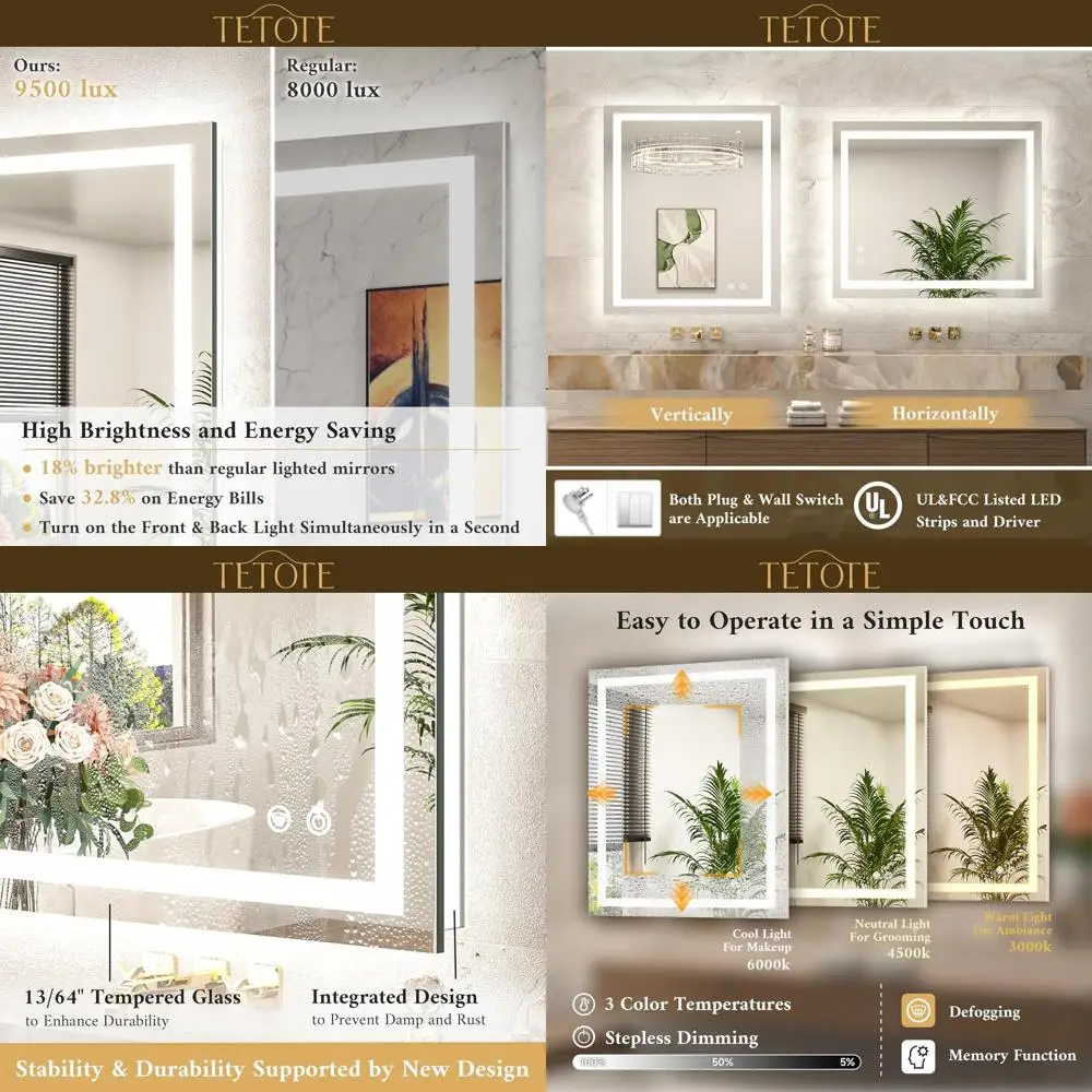 

Зеркало для ванной с LED-подсветкой 30x30 см, водонепроницаемое, с передней и задней подсветкой, 3-цветная регулировка яркости, настенное крепление