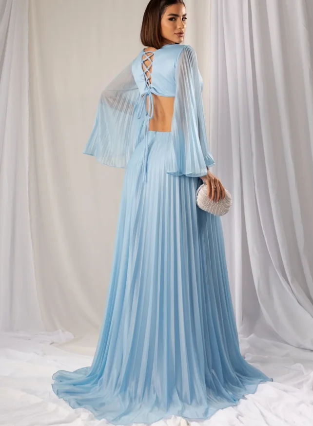تخصيص جودة عالية طول الأرض التجاعيد حزام الظهر عارية الذراعين كامل الأكمام الأزرق الخامس الرقبة Abiye Uzun Elbise Modelleri Fساتين