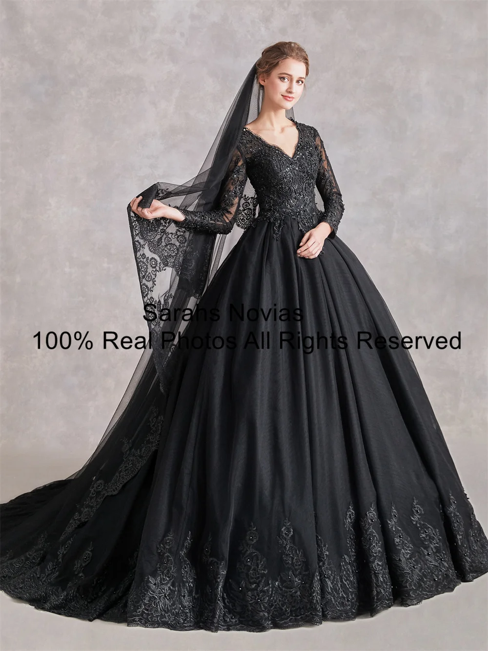 Eelegant vestido de baile preto gótico vestidos de casamento com mangas compridas miçangas rendas tule decote em v vestido colorido feminino para casamento