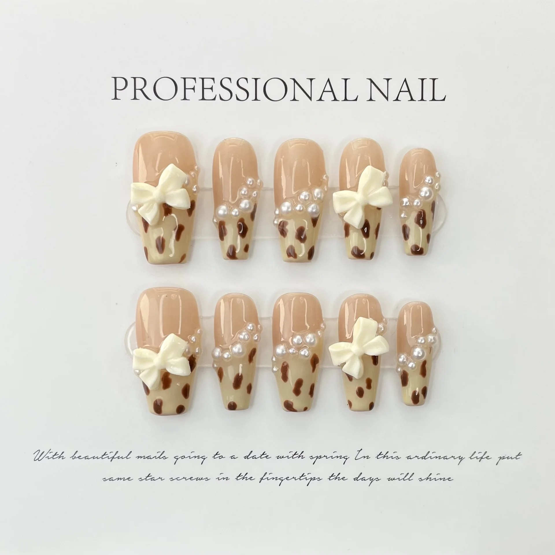 

16-30 Number Advanced Leopard French Handmade Press On Nail With Bowknot Ballerina Wearable Fake Nail Artificial Korean Nail Art