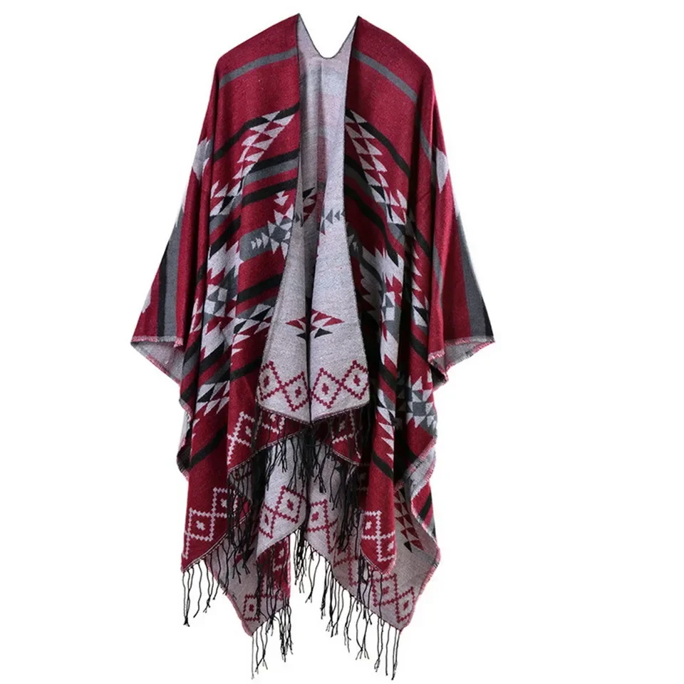 Bohemian Women\'s Autumn Winter Poncho Ethnic Scarf Fashion Print Blanket carves Lady Knit Shawl Tassel Cape Thicken Pashmina