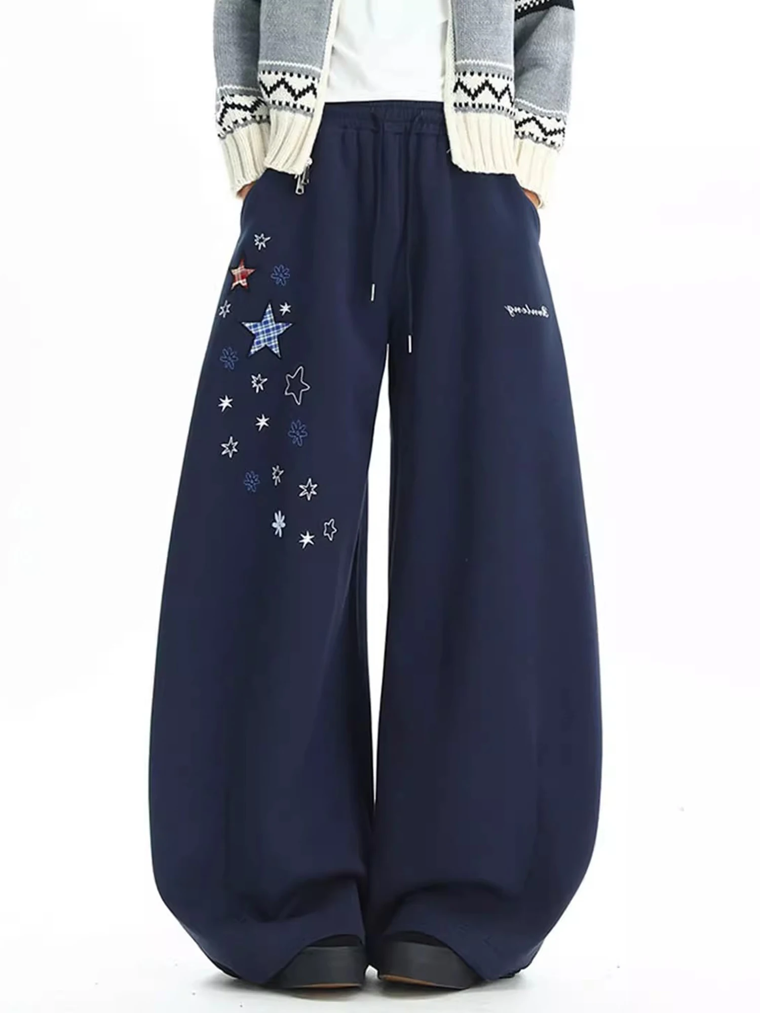 

American Retro Star Embroidery Wide Leg Sport Sweatpants Loose Casual Drapey Versatile Men's Casual Pants Knife