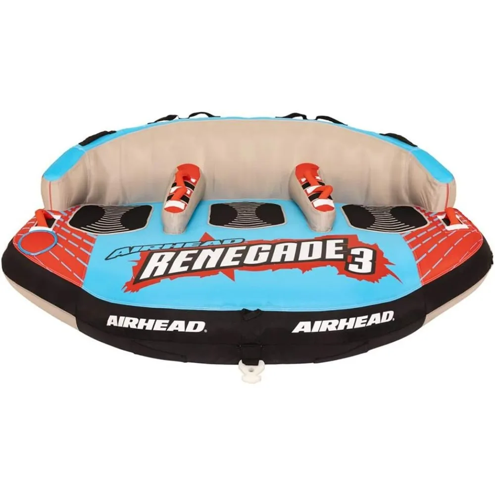 AHRE-503 Renegade Big 3 Person Inflatable Towable Water Tube Seat Rider Boating Tubing Kit with Boat Pull Rope and Pump