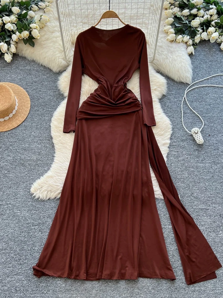 Foamlina Elegant Solid Long Sleeve Formal Evening Prom Dress with Cut Out&Ruched Design Slim Bodycon Maxi Gown for Wedding Party