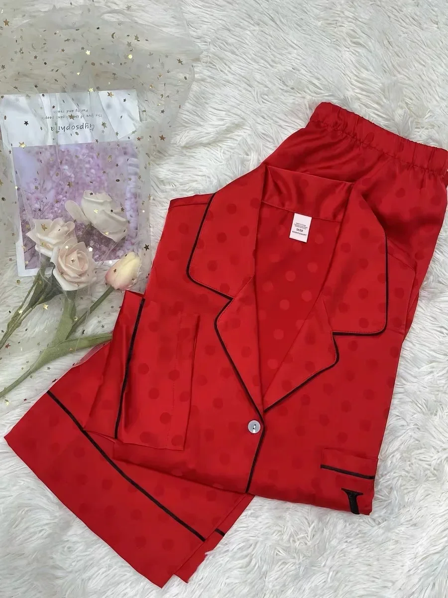 Weijia-pijamas festivos de otoño e invierno con bordado rojo para mujer, traje de satén de seda auténtica para el hogar del año del zodiaco