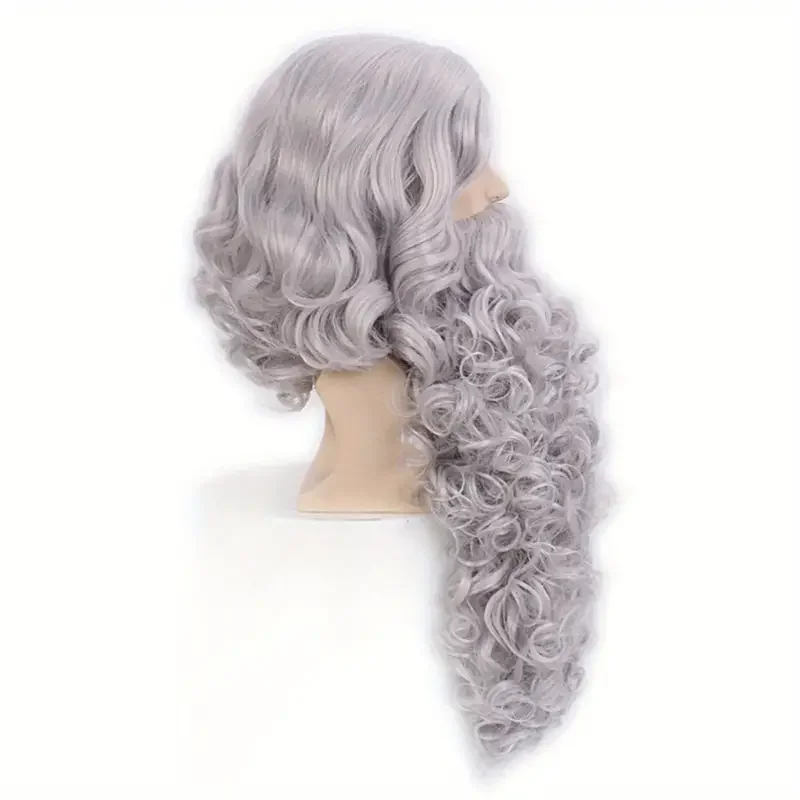 Santa\'s Super Fluffy Grey Wig & Beard Set - Synthetic Curls for Memorable Cosplay and Halloween Costumes for Christmas J47801S