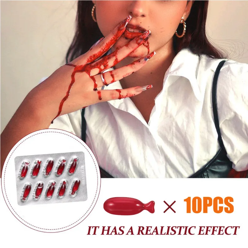 

10Pcs Halloween Fake Blood Capsule Halloween April Fools Day Party Prank Blood Spitting Prop Funny Scary Vampire Supplies