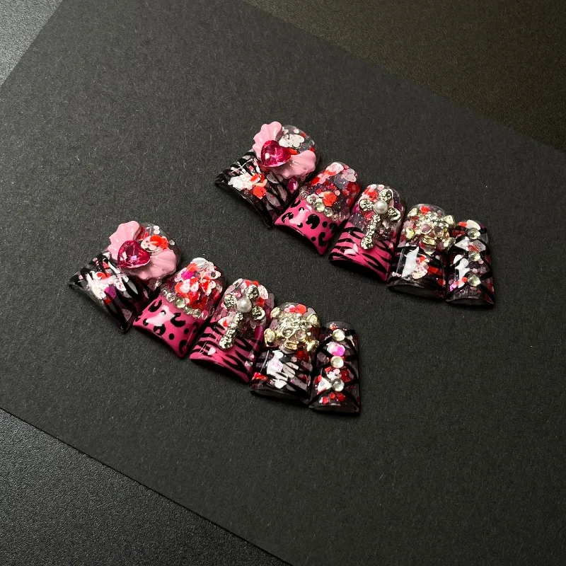 

10 шт., ногти ручной работы, короткие накладные ногти в форме утконоса с бантом и леопардовым принтом, европейско-американский стиль для горячих девушек, модный стиль