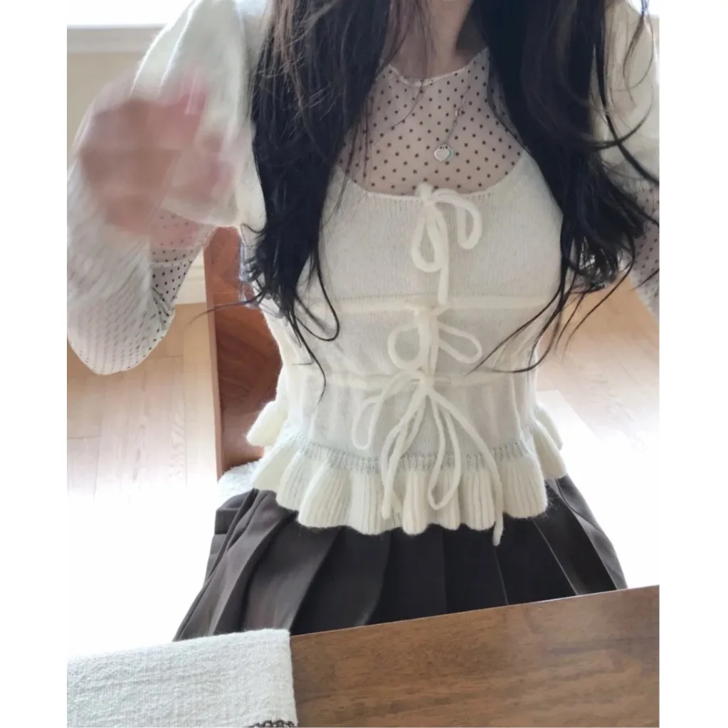 Korean Style  Knot Knitted Top Women's Spring New Inner Checkered T-Shirt Two-Piece Set Casual Slim Fit Long Sleeve ...