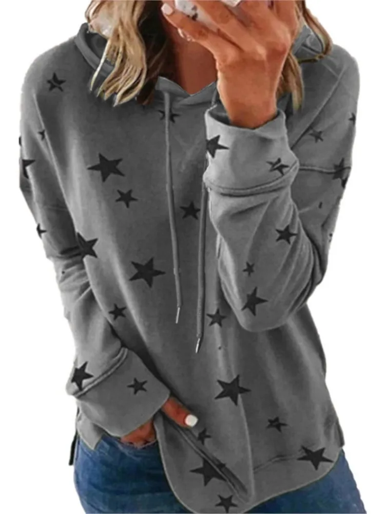 New Autumn Winter Women's Fashion Star Print Plus Size Casual Loose Comfortable Hooded Drawstring Hoodie For Women