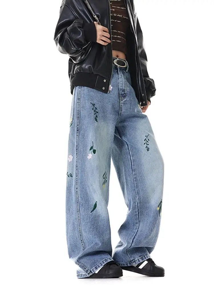 Pantaloni jeans larghi in denim casual ricamato blu da donna Y2K American High Street Harajuku estetica vintage a gamba larga