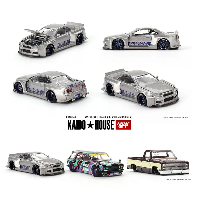MINIGT KHMG143 1:64 Skyline GTR R34 Kaido Works Shinjuku V1 Открываемый капот Литая под давлением модель автомобиля Kaido House
