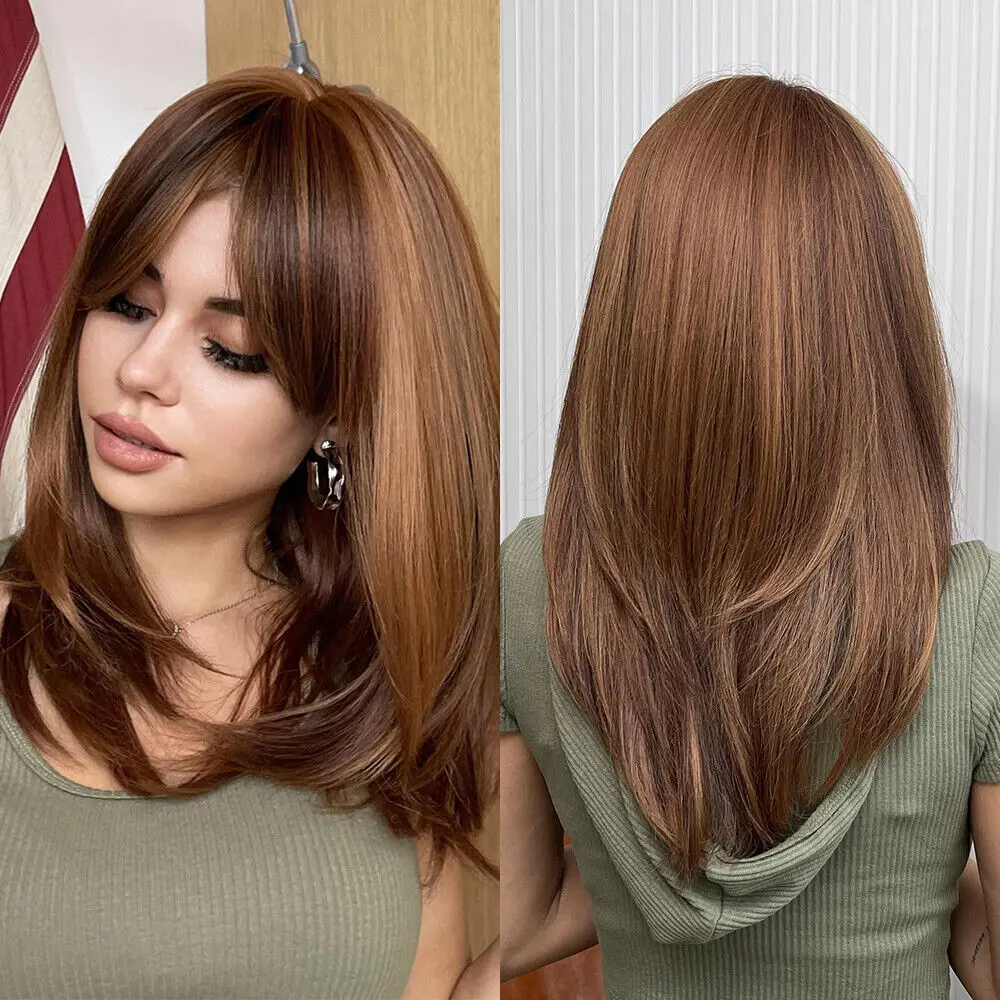 

Dark Brown Highlights Hair with Women Hair Wigs with Bangs Fanshion Daily