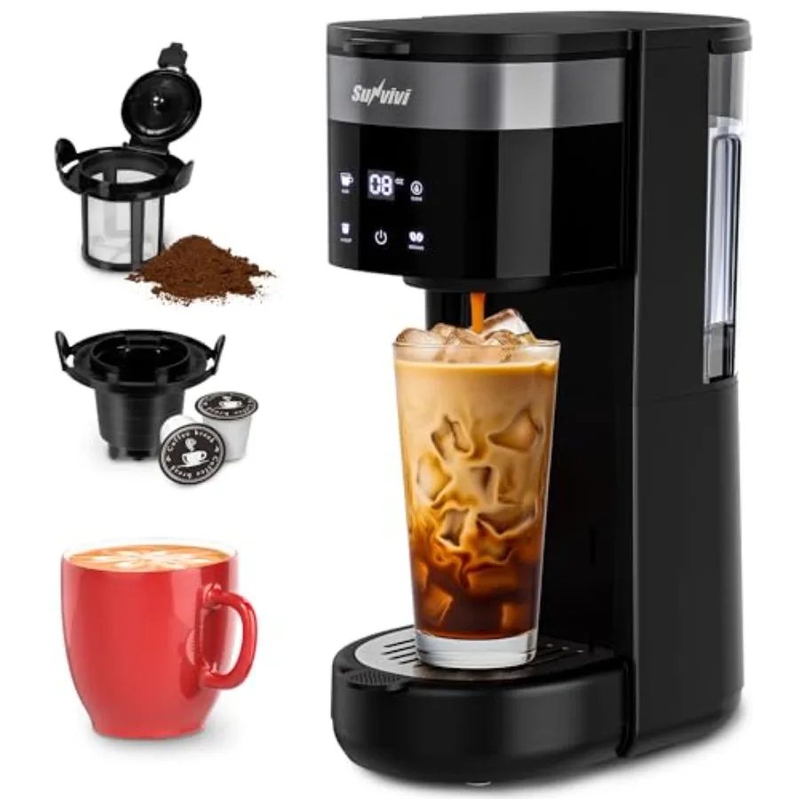 

Iced Coffee Maker Single Serve with 3 Brewing Options for K Cup Pod or Ground Coffee 30oz Removable Water Reservoir Reusable Fi