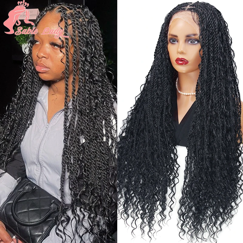 32 "Boho Gevlochten Pruiken Synthetische Full Lace Voorkant Pruik Knooploze Senegalese Twist Gevlochten Pruiken Voor Zwarte Vrouwen Pruik Met Krullend Haar