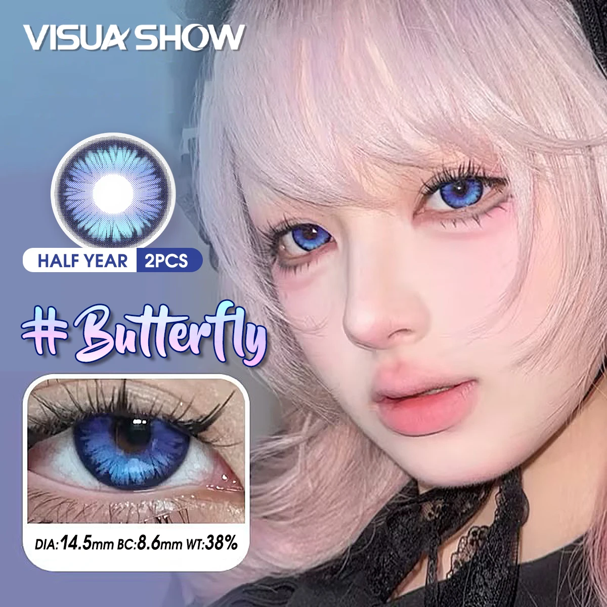 Lentes de Contato VISUASHOW para Cosplay de Anime, Uso Semestral, 14.50mm, Lentes de Contato Coloridas Azuis Borboleta para Maquiagem e Beleza dos Olhos