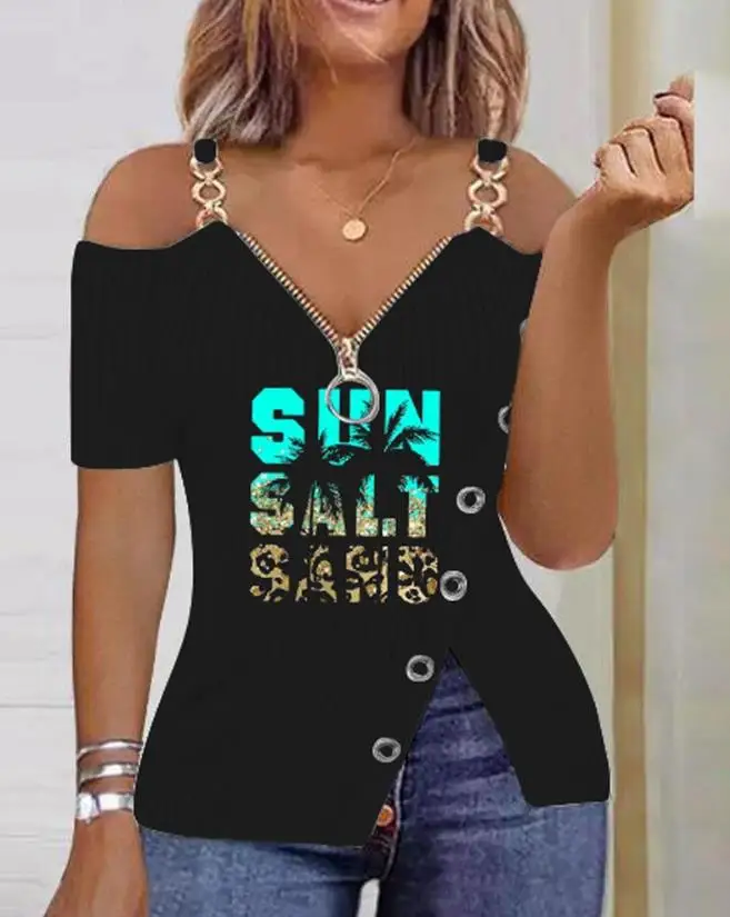 Casual Women\'s Top 2024 Summer New Holiday Contrast Leopard Print Zipper Details Cold Shoulder Short Sleeve Basic T-Shirt