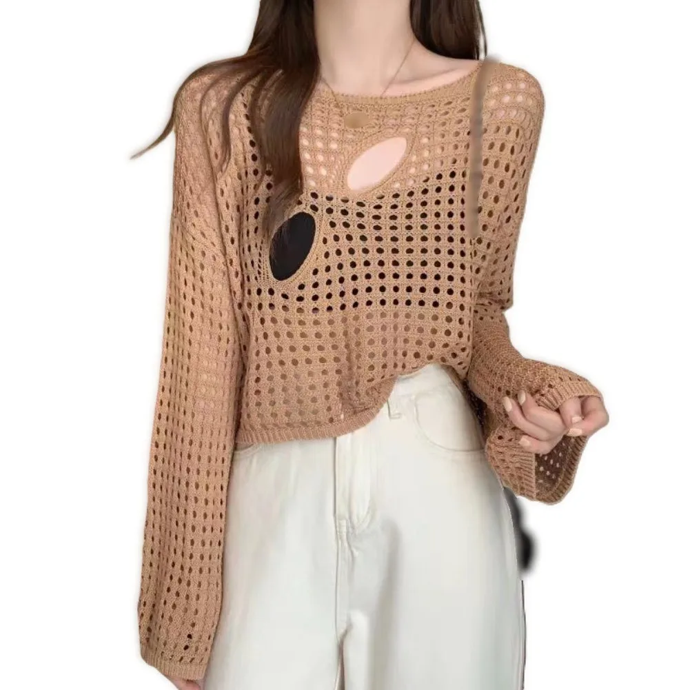Women's Solid Color Loose Short Cut Perforated Long Sleeved Top Ripped Hollow-out Design T-shirt 1PCS
