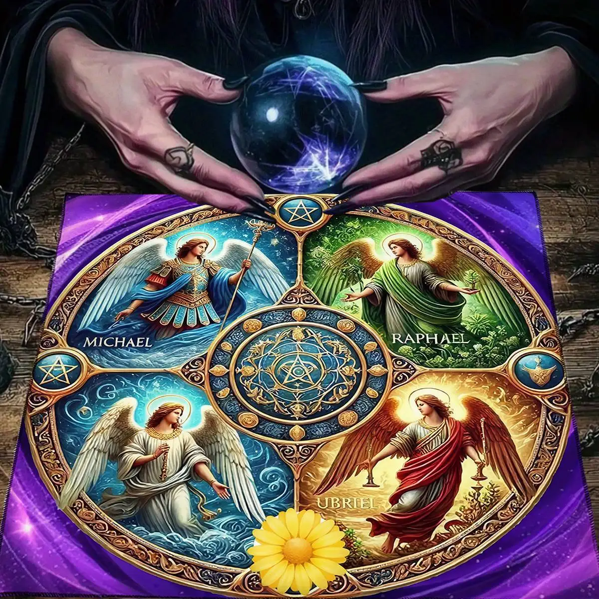 Four Primary Angels Card Tablecloth Polyester Pentagram Altar Cloth Tarot Table Cloth For Divination Witchcraft Astrology Decor