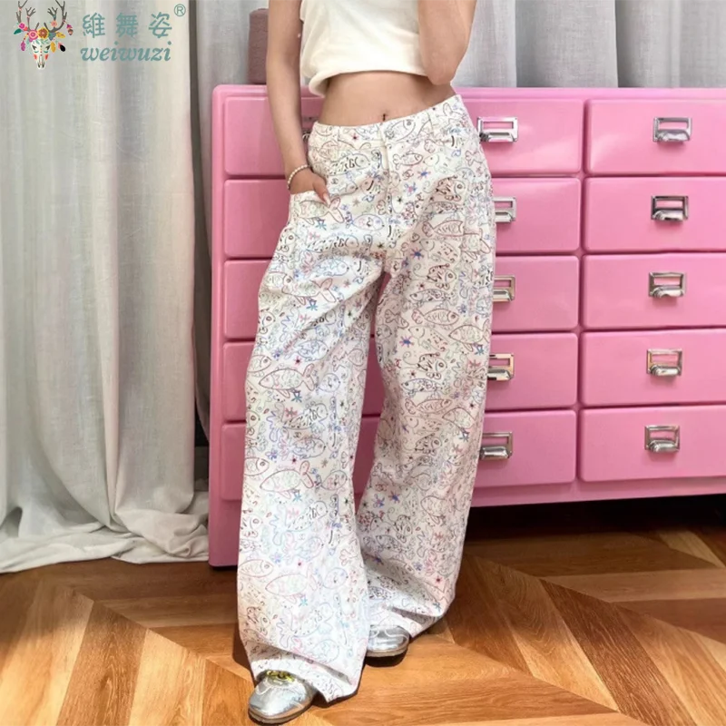 Cute Women's Jeans Cartoon Graffiti Fish Print Wide Leg Denim Pants Lady Casual High Waist Pants Loose Straight Jeans All Season