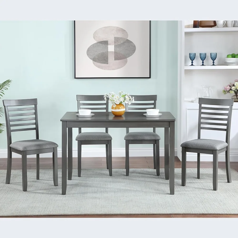 Dining Table Set 4, Rectangular Table and 4 Upholstered Chairs, 5 Piece Dining Table Set Kitchen Dining Room Living Room, Gray