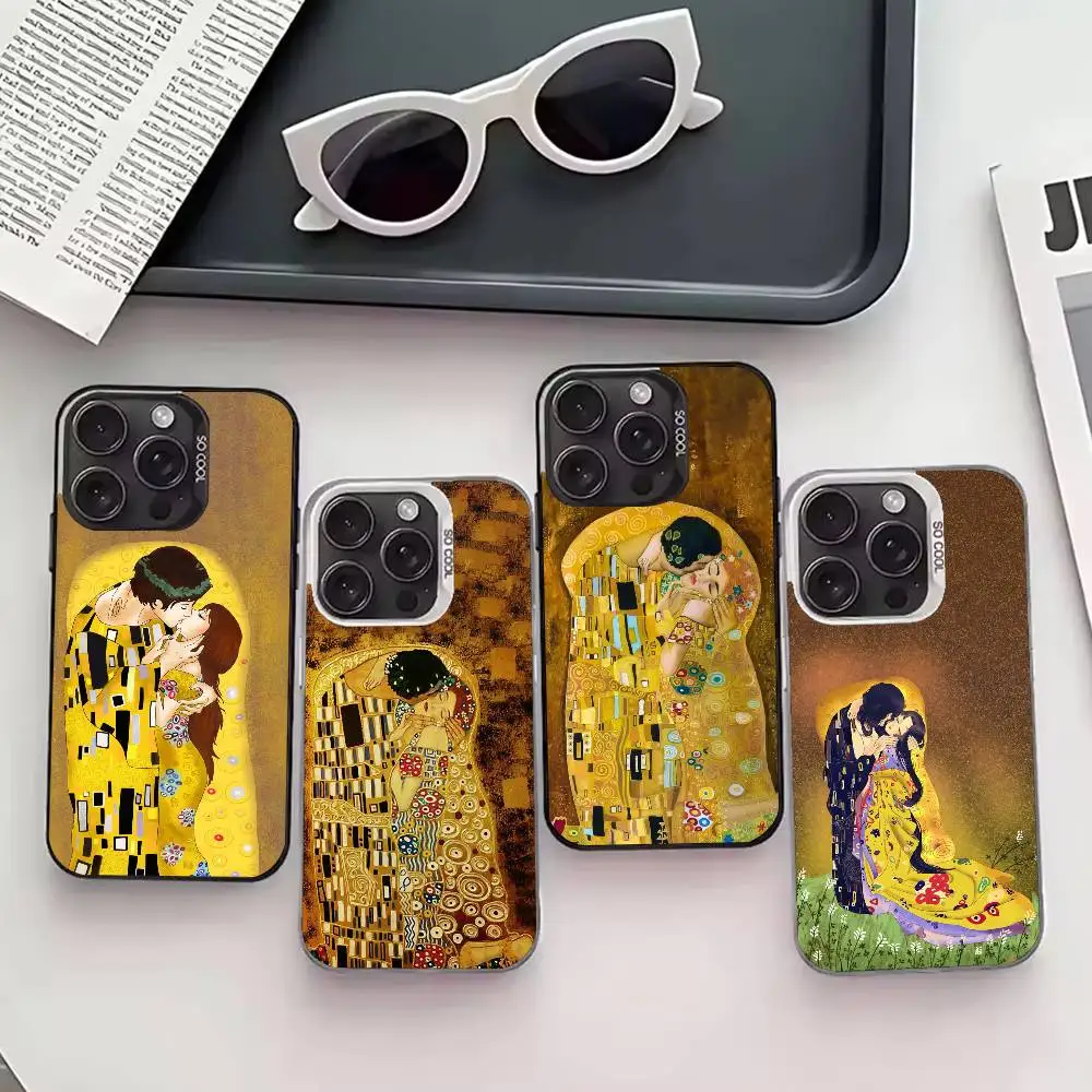 

G-Gustav Klimt Kiss Art Phone Case For iPhone 17,16,15,14,13,12,11 Plus,Pro Max,XS,Colored silver phone case