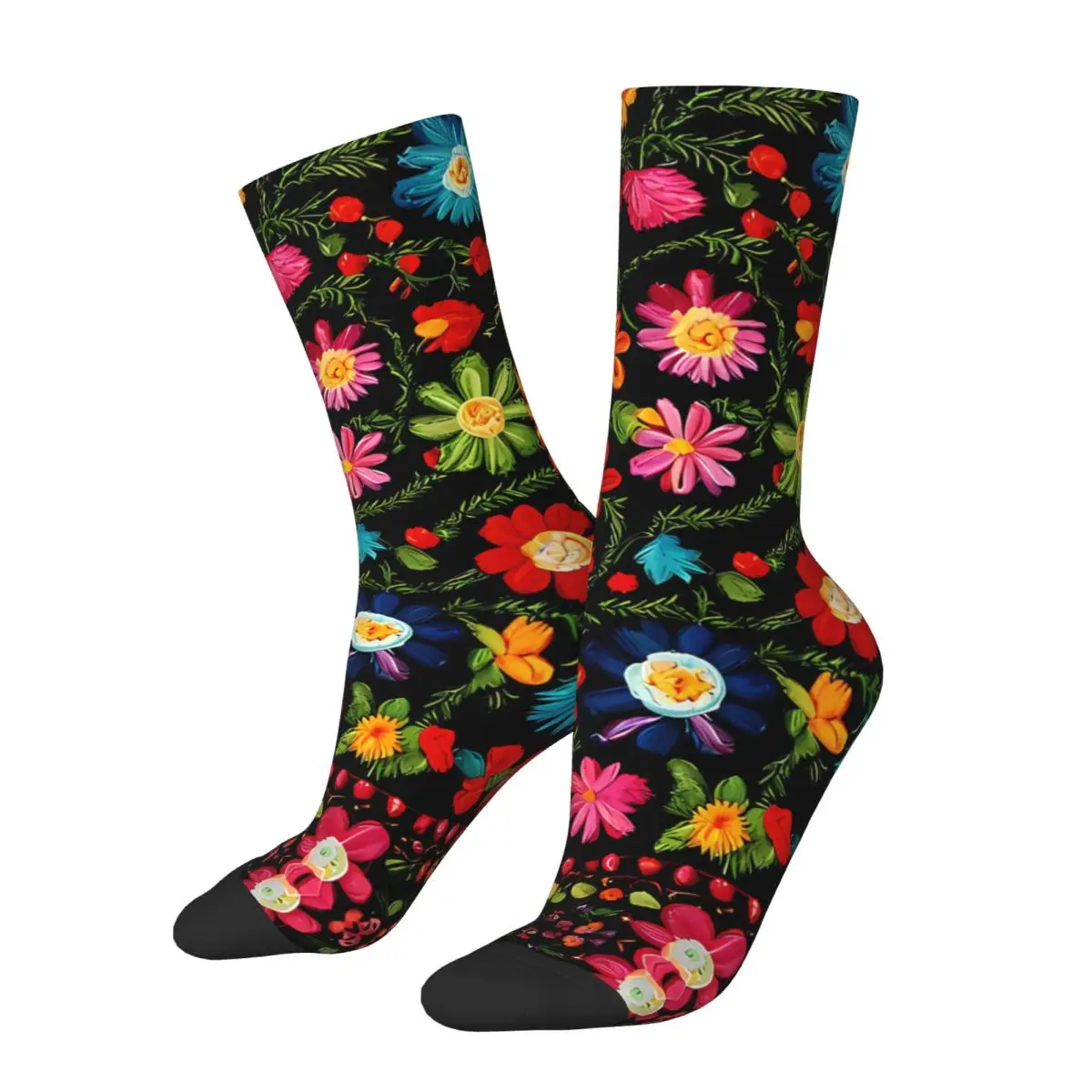 Funny Crazy Sock for Men Traditional Mexican Floral Hip Hop Harajuku Mexican Floral Printed Boys Crew Sock Casual Gift