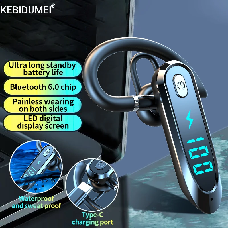 

Single Ear Headset With Mic Bluetooth 6.0 Earphone Noise Cancelling Waterproof Earbud LED Display Handsfree Long Standby Time