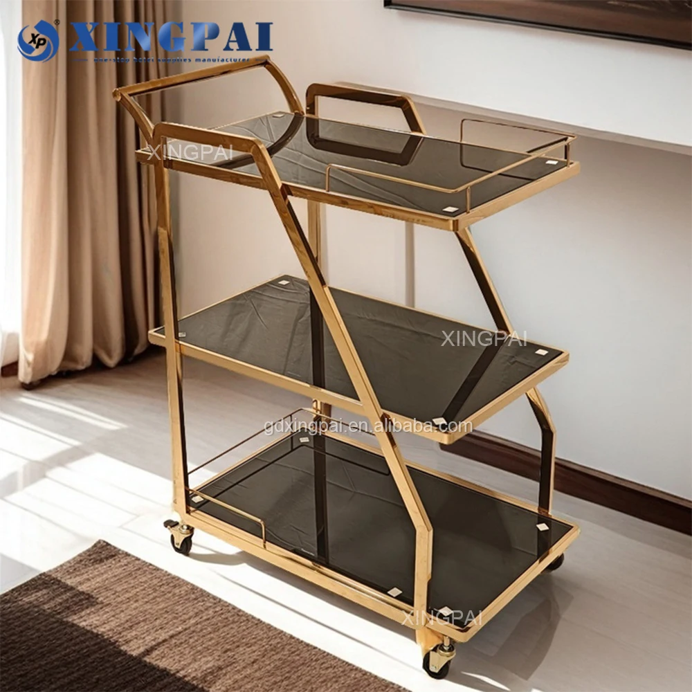 Dubai Wholesale Market Gold Trolley Luxury 3 Tier Hotels Catering Trolleys Commercial Hotel Trolley Room Service Cart