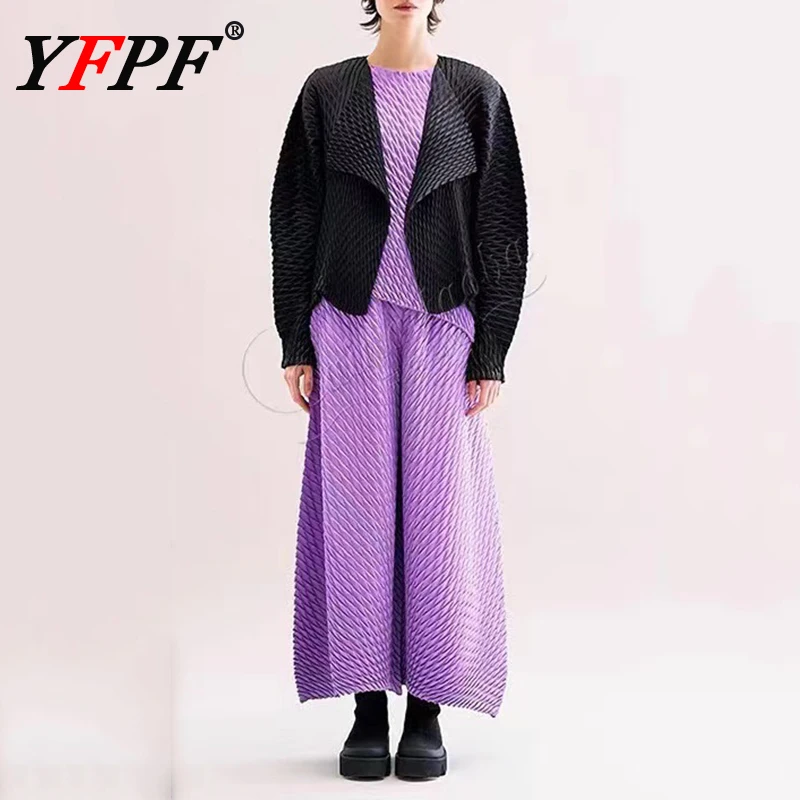 

YFPF Miyake Pleated Design Women Set Loose Jacket Sleeveless Vest + Wide Leg Trousers Solid Color Casual 2025 New Clothing