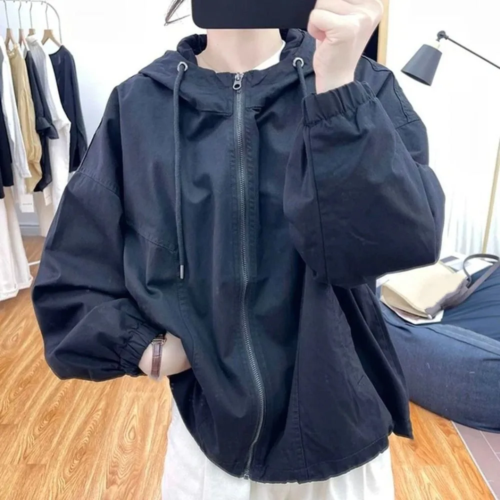 الرباط بأكمام طويلة مقنعين واقية من الشمس فضفاضة رقيقة بلوزات للنساء الملابس الكورية Ins الخريف سستة معطف أعلى #3