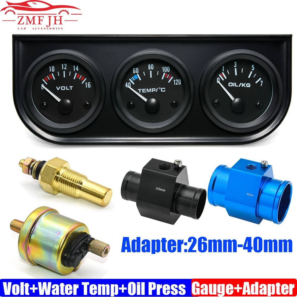 

3 IN 1 Triple Gauge Kit 12V 52mm VOLT+Water Temp Meter+Oil Pressure Gauge+Sensor Temperature Radiator Hose Adapter 26MM-40MM