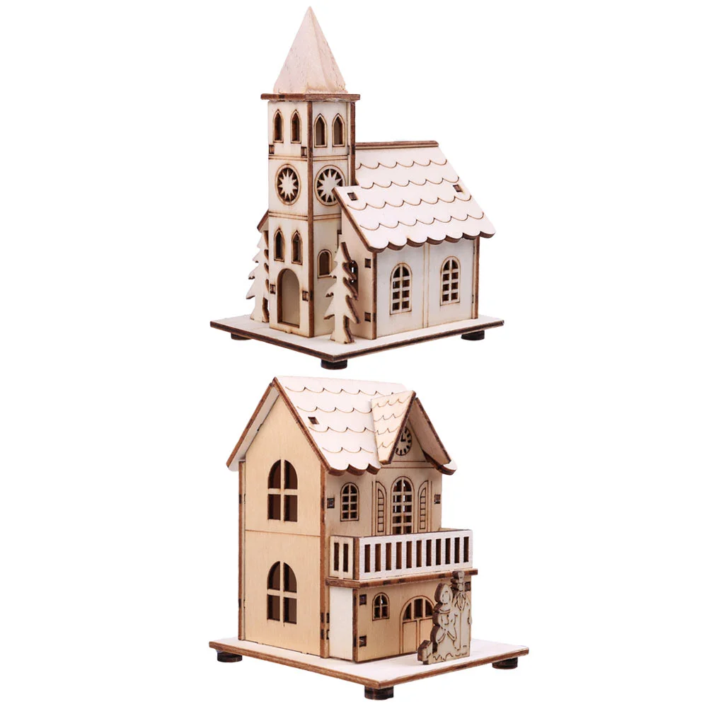 

2 Pcs Glow Cabin Christmas Decorations Ornament for Tabletop Wooden House Luminous Desktop Xmas Adornment