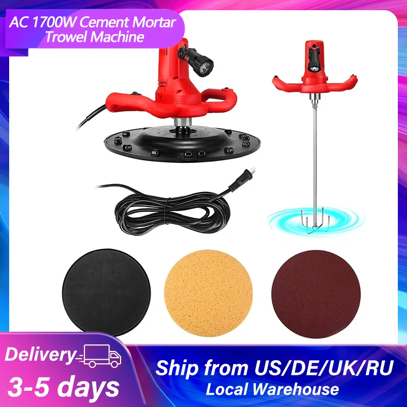 1700W Electric Concrete Cement Mortar Trowel Wall Plaster Smoothing Polishing Machine with Mud Mixer Bar 6 Gear Speed Adjustment