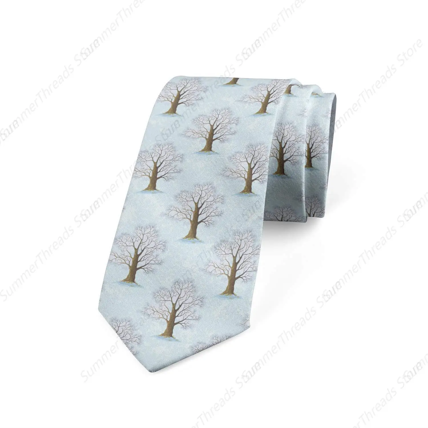 Trees Men's Tie, Rhythmic Romantic Oak Forest in Muted Pastel Tones Pattern Baby Blue Sepia Ties