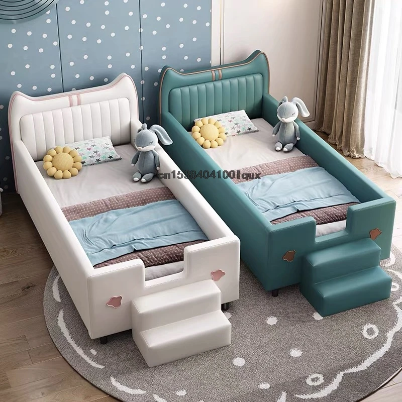 Leather Children's Splicing Bed Italian Style Bedroom Furniture Wood Kids Bed For Boy And Girl Cute Baby Bed With Safe Guardrail