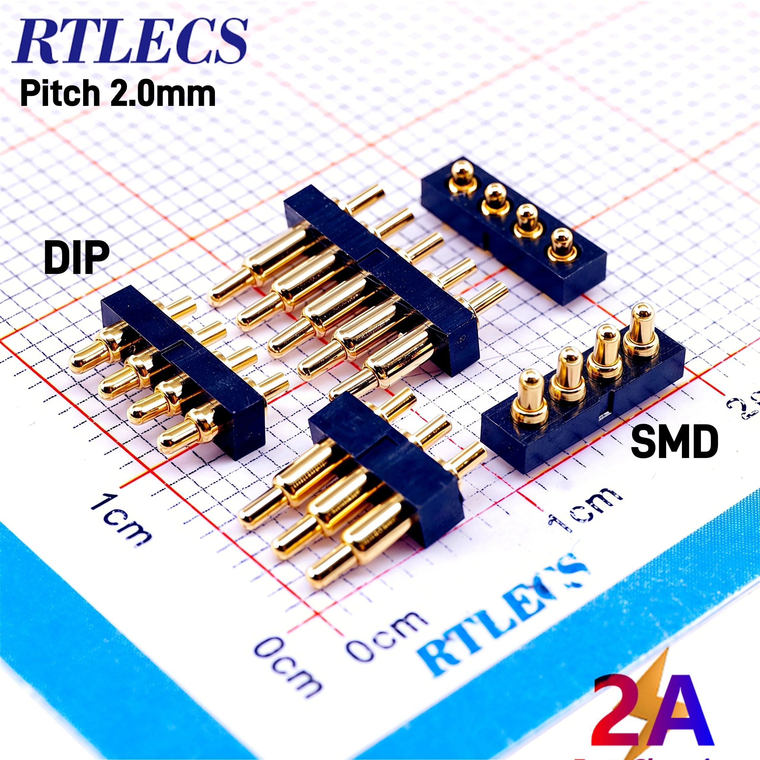 5/20 Piezas Conector Pogo Pin de 2A con Resorte, Paso de Una Sola Fila de 2.0mm, Sonda de Prueba de Aguja DIP SMD Chapada en Oro para 2/3/4/5/6 Posiciones