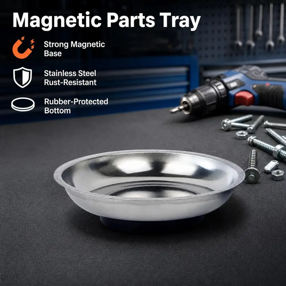 Round Square Magnetic Bowl, Stainless Steel Parts Tray, Durable, Holds Screws Nuts Bolts, Easy Access, Prevents Loss, Workshop