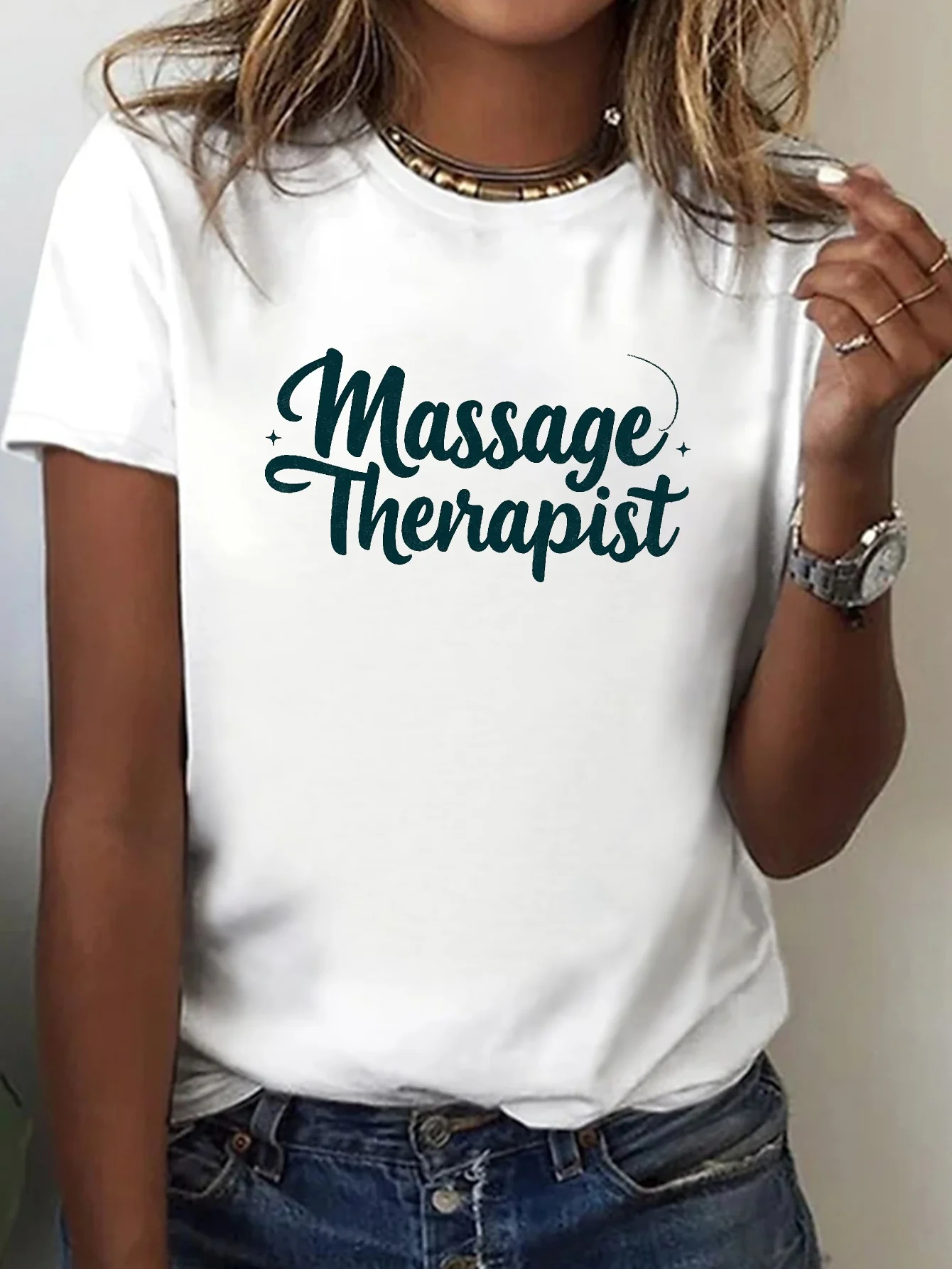 Women's Massage Therapist Graphic T-Shirt with Teal Cursive Lettering Cursive Script Print Harajuku Sleeve Aesthetic Clothes